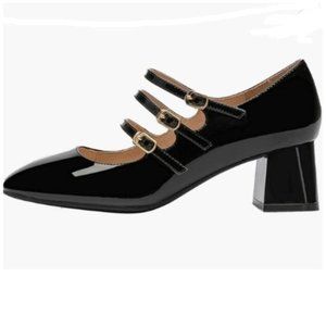 Black Square Toe Mary Jane Block Mid Heels Pumps